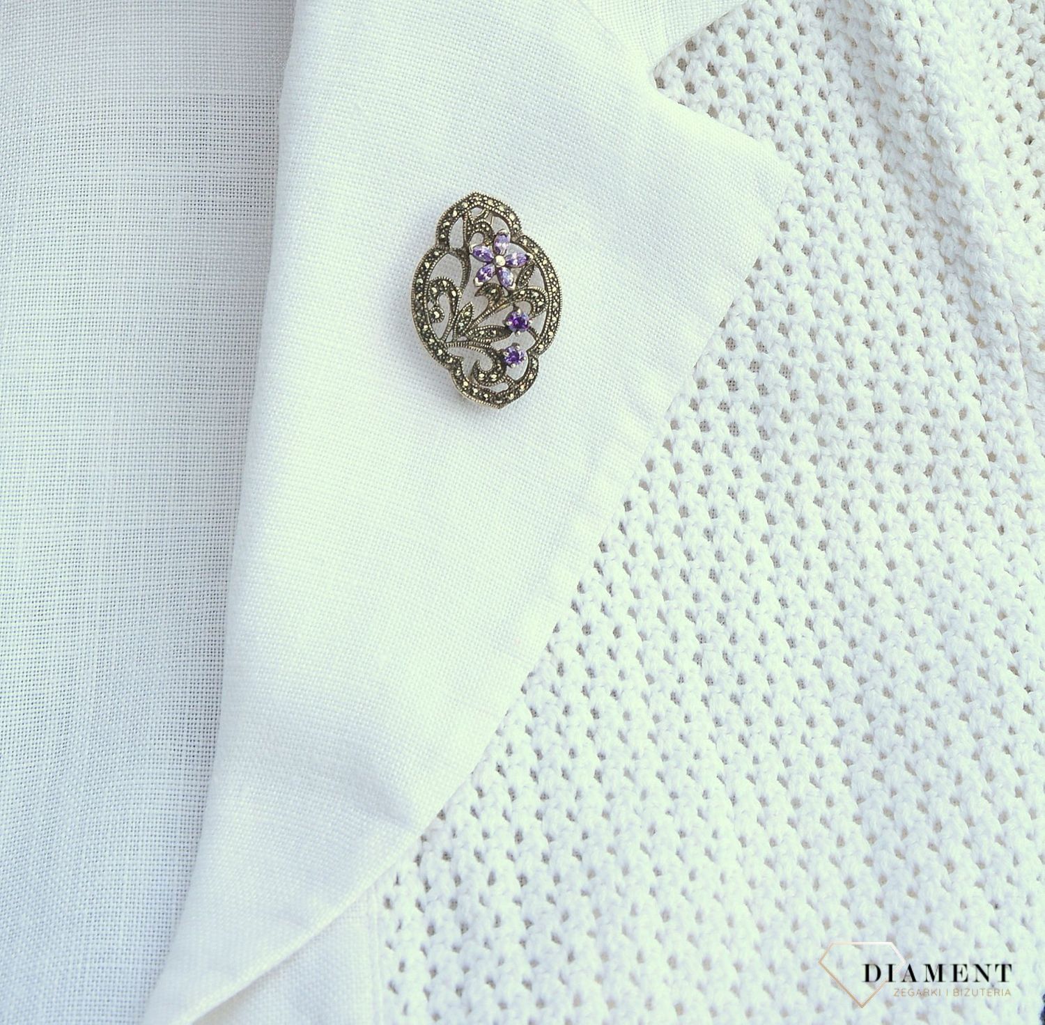 Srebrna broszka markazyty i fioletowa cyrkonia BRO 104.jpg